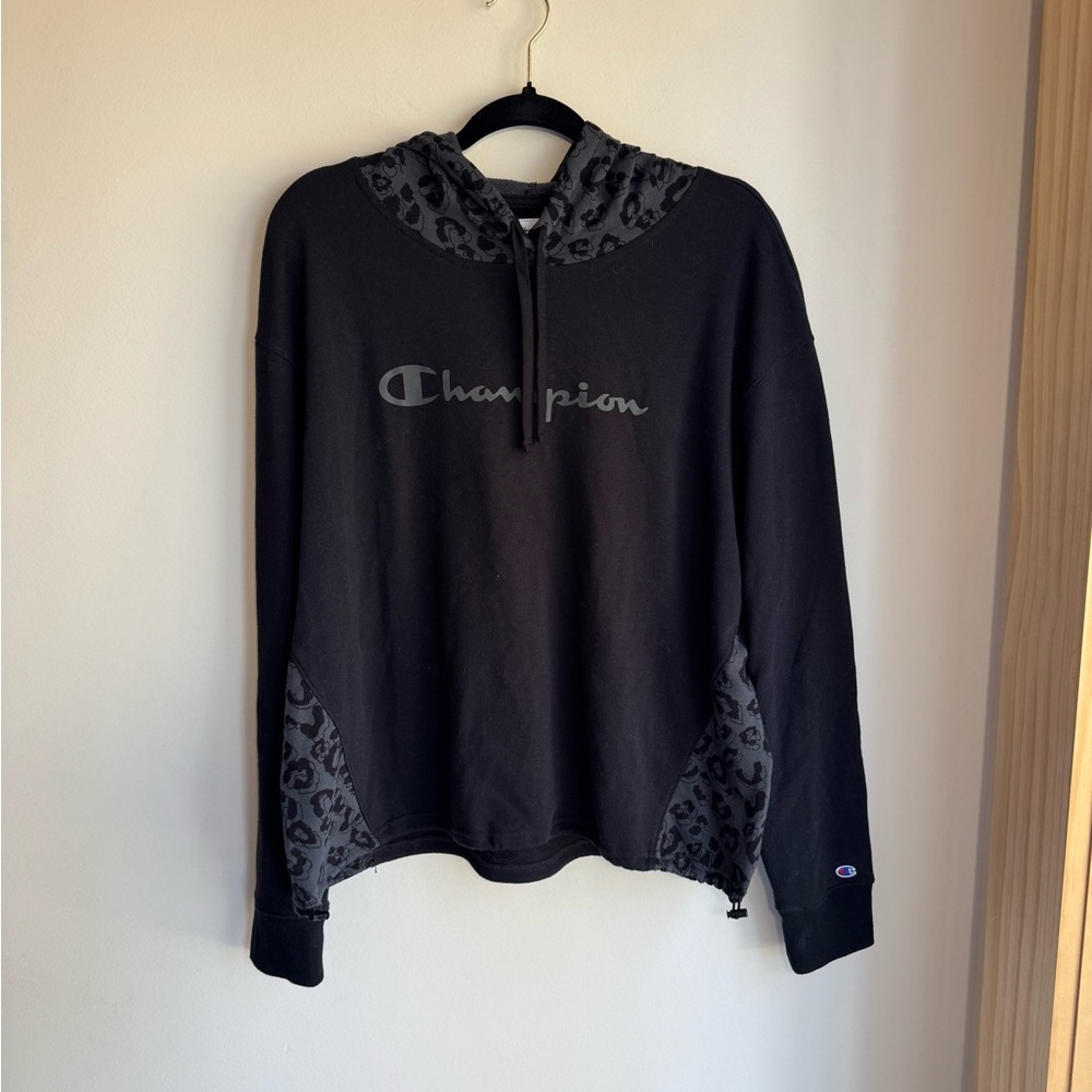 Champion Black Hoodie with Leopard Accents Fall Essential Size Large